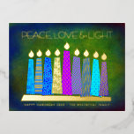 Blue Hanukkah Candles Peace Love Light Real Gold Foil Holiday Postcard<br><div class="desc">“Peace, love & light.” A playful, modern, artsy illustration of boho pattern candles in a menorah helps you usher in the holiday of Hanukkah. Assorted blue candles with colourful faux foil patterns overlay a rich deep green textured background. On the back, type in your personal copy using the easy template...</div>