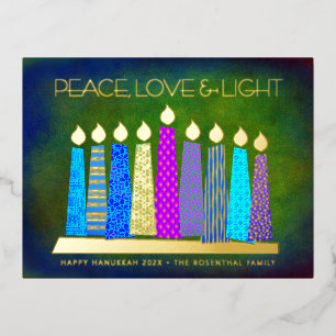 Blue Hanukkah Candles Peace Love Light Real Gold Foil Holiday Postcard