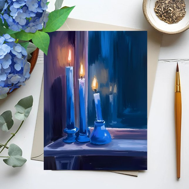 Blue Hanukkah Candles Watercolor Holiday Card (Creator Uploaded)