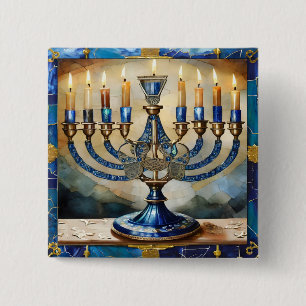 Blue Hanukkah Menorah 2 Inch Square Button