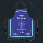 Blue HANUKKAH Menorah Customize NAME Apron<br><div class="desc">Personalize
Add your name and customize your Holiday Season message.
 I love painting and design! I hope you enjoy my artwork.</div>
