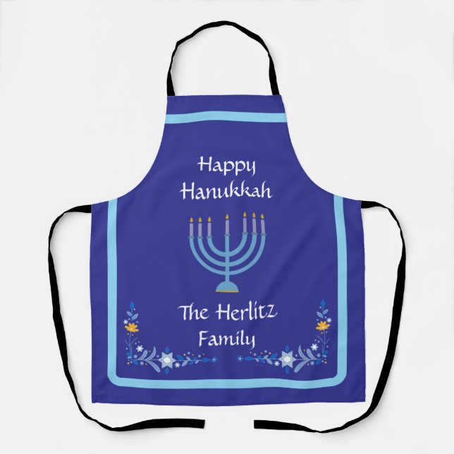 Blue HANUKKAH Menorah Customize NAME Apron (Front)