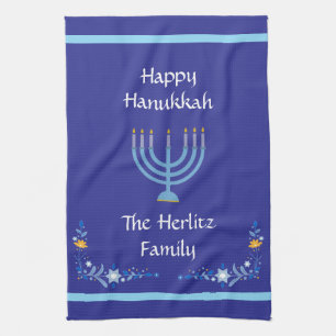 Blue HANUKKAH Menorah Customize NAME Kitchen Towel