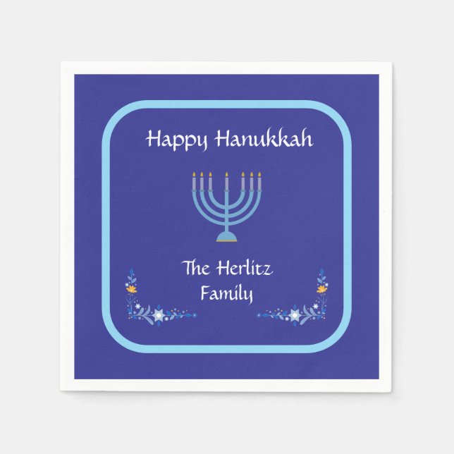 Blue HANUKKAH Menorah Customize NAME Napkin (Front)