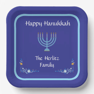 Blue HANUKKAH Menorah Customize NAME Paper Plate