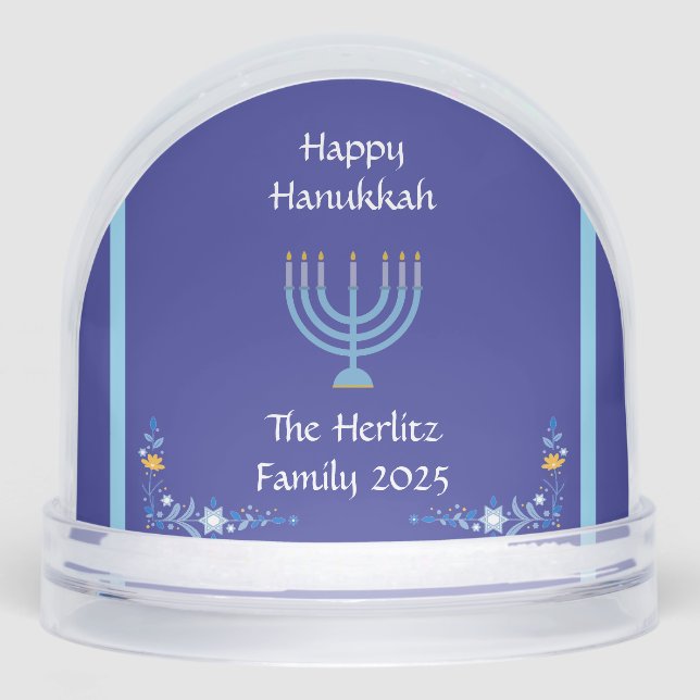 Blue HANUKKAH Menorah Customize PHOTO NAME Snowglobe (Front)