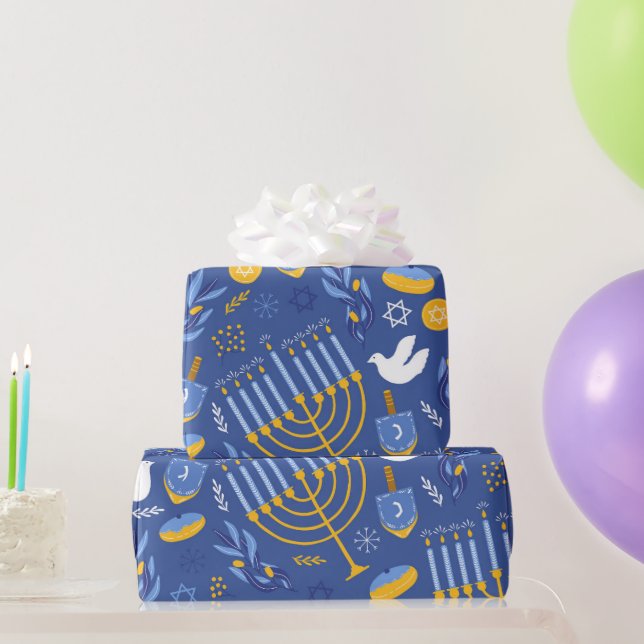 Blue Hanukkah Menorah Dove and Dreidel Hanukkah Wrapping Paper (Party Gifts)