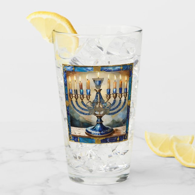 Blue Hanukkah Menorah Glass (Front Ice)