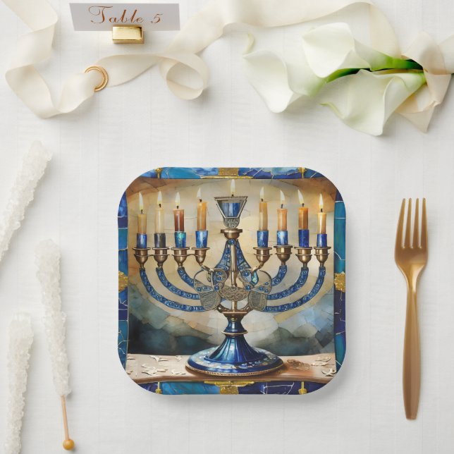 Blue Hanukkah Menorah Paper Plate (Wedding)