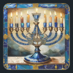 Blue Hanukkah Menorah Square Sticker<br><div class="desc">You are viewing The Lee Hiller Photography Art and Designs Collection of Home and Office Decor,  Apparel,  Gifts and Collectibles. The Designs include Lee Hiller Photography and Mixed Media Digital Art Collection http://LeeHiller.com</div>
