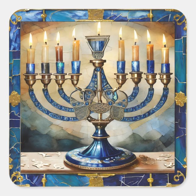Blue Hanukkah Menorah Square Sticker (Front)