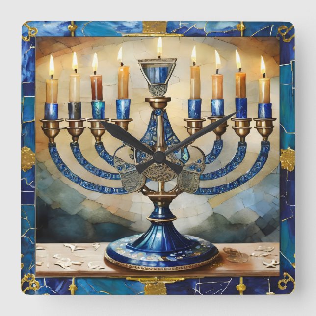 Blue Hanukkah Menorah Square Wall Clock (Front)