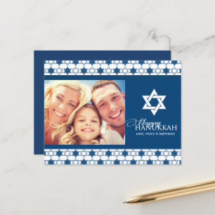 Blue Hanukkah Stars Of David Pattern Photo Modern Holiday Postcard