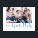 Blue Happiest Hanukkah Brush Calligraphy Photo Holiday Postcard<br><div class="desc">Happiest Hanukkah! Send holiday greetings to your loved ones with this hand-lettered Happy Hanukkah postcard. It features blue brush modern calligraphy with a matching delicate snow pattern. Personalize by adding a photo,  names,  date and message. This festive blue calligraphy holiday postcard is available in other colours and products.</div>