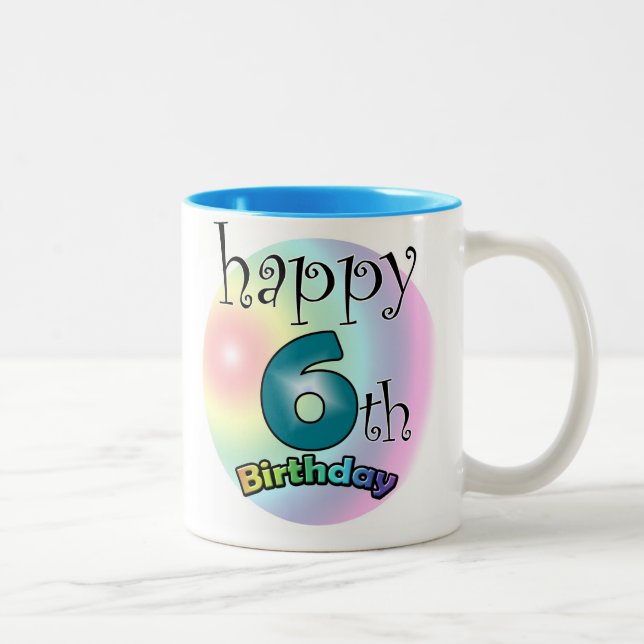 Blue Happy 6th Birthday Two-Tone Coffee Mug (Right)