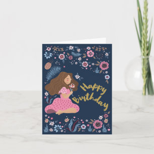 Blue Happy Birthday Lady Floral Flowers Card