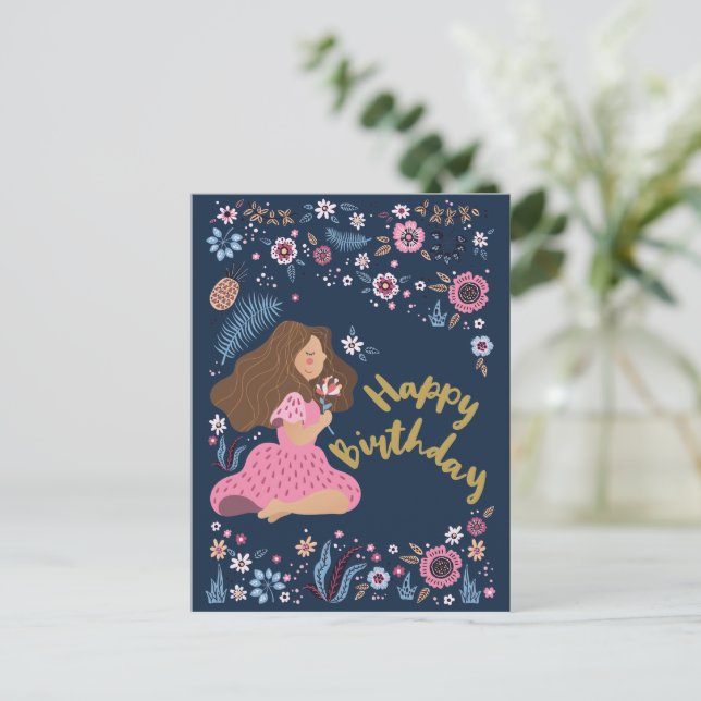 Blue Happy Birthday Lady Floral Flowers Postcard (Standing Front)