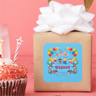 Blue Happy Birthday Name Sticker