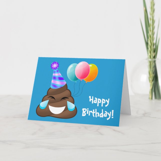 Blue Happy Birthday Party Poop Emoji Card (Front)