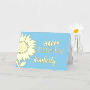Blue Happy Birthday Sunflower Custom Name Gold   Foil Greeting Card