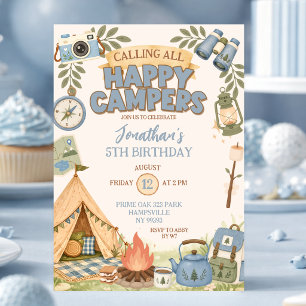 Blue Happy Campers Birthday Invitation