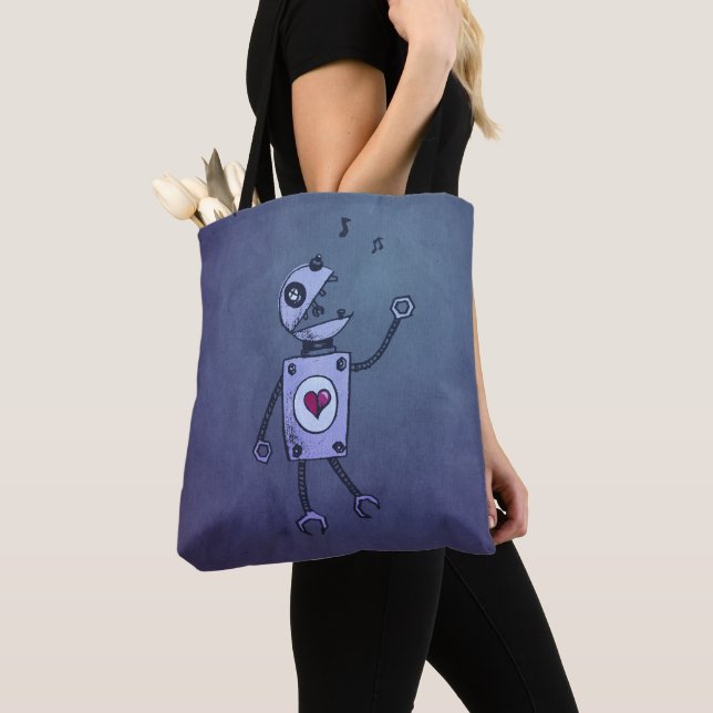 Blue Happy Cartoon Singing Retro Robot Tote Bag (Close Up)