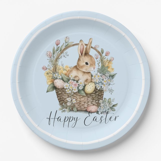 Blue Happy Easter Bunny Paper Plate (Front)