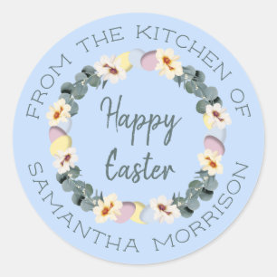 Blue Happy Easter Egg Wreath From The Kitchen Of Classic Round Sticker
