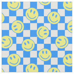 blue happy face check groovy fabric