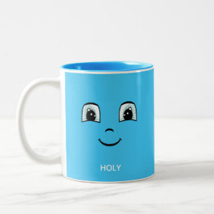 Blue Happy Face with Personalized Text & Monogram Two-Tone Coffee Mug