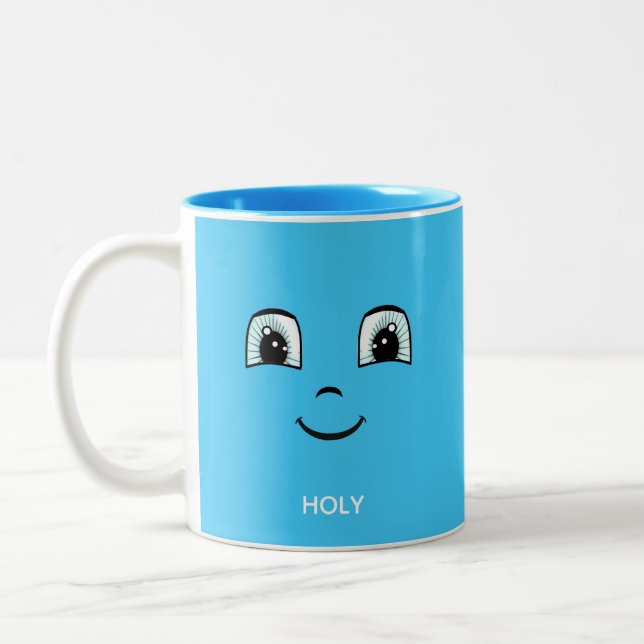 Blue Happy Face with Personalized Text & Monogram Two-Tone Coffee Mug (Left)