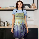 Blue Happy Hanuka Candles All-Over Print Apron<br><div class="desc">Have fun with these beautiful whimsical hand-painted candles with lace trim and a bow on the blue-green apron. This cute APRON was designed for Hanukkah Holidays and carries a Happy Hanukkah message and your Name Kitchen and the text can be easily updated. It would make a great gift for a...</div>