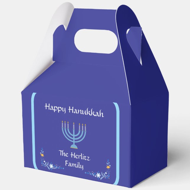 Blue Happy HANUKKAH Menorah Customize NAME Favor Box (Front)