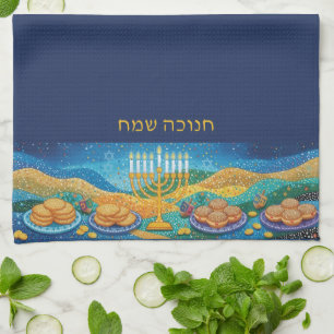 Blue Happy Hanukkah Menorah Food Latkes & Doughnut Kitchen Towel