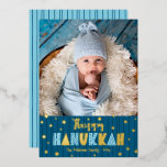 Blue Happy Hanukkah Photo Cute Modern Real Gold Foil Holiday Card<br><div class="desc">“Happy Hanukkah.” Fun, playful, whimsical handcrafted real gold foil and light blue typography, a random gold foil Star of David pattern, and midnight navy blue hand drawn lines overlay a dark teal blue background. Add the photo of your choice and help usher in Hanukkah with this stunning, colourful, personalized real...</div>