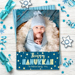 Blue Happy Hanukkah Photo Cute Modern Real Gold Foil Holiday Card<br><div class="desc">“Happy Hanukkah.” Fun, playful, whimsical handcrafted real gold foil and light blue typography, a random gold foil Star of David pattern, and midnight navy blue hand drawn lines overlay a dark teal blue background. Add the photo of your choice and help usher in Hanukkah with this stunning, colourful, personalized real...</div>