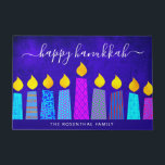 Blue Happy Hanukkah Script Modern Boho Candle Name Doormat<br><div class="desc">“Happy Hanukkah.” Decorate your entryway in “style” with this unique, fun custom personalized name holiday welcome mat! A playful, modern, artsy illustration of boho pattern candles in a menorah helps you usher in the holiday of Hanukkah. Assorted blue candles with colourful faux foil patterns and gold faux foil flames overlay...</div>