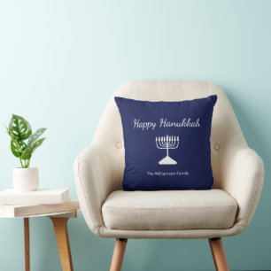 Blue Happy Hanukkah Simple Menorah    Throw Pillow
