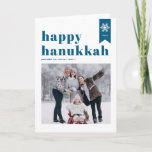 Blue Happy Hanukkah Typography Snowflakes Photo Holiday Card<br><div class="desc">Happy Hanukkah! | Send your holiday wishes with this customizable Hanukkah photo card. It features blue retro bold typography,  simple snowflakes accent and festive pattern. Personalize by adding names,  year and photo. This festive photo Happy Hanukkah card is available in various colours and cardstock.</div>