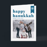 Blue Happy Hanukkah Typography Snowflakes Photo Holiday Card<br><div class="desc">Happy Hanukkah! | Send your holiday wishes with this customizable Hanukkah photo card. It features blue retro bold typography,  simple snowflakes accent and festive pattern. Personalize by adding names,  year and photo. This festive photo Happy Hanukkah card is available in various colours and cardstock.</div>