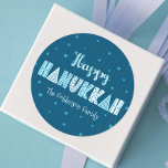 Blue Happy Hanukkah Typography Star David Name   Classic Round Sticker<br><div class="desc">“Happy Hanukkah.” Fun, whimsical handcrafted typography along with a random Star of David pattern in light dusty blues all overlaying midnight navy blue hand drawn lines and a dark teal blue background help you usher in the festival of lights. Feel the warmth and joy of the holiday season whenever you...</div>