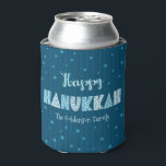 Blue Happy Hanukkah Typography Star of David Name Can Cooler<br><div class="desc">“Happy Hanukkah.” Fun, whimsical handcrafted typography, a random light blue Star of David pattern, and midnight navy blue hand drawn lines overlaying a dark teal blue background, along with your name or custom greeting, help you usher in Hanukkah. Feel the warmth of the holiday season whenever you relax with your...</div>
