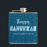 Blue Happy Hanukkah Typography Star of David Name Hip Flask<br><div class="desc">“Happy Hanukkah.” Fun, whimsical handcrafted typography, a random light blue Star of David pattern, and midnight navy blue hand drawn lines overlaying a dark teal blue background, along with your name and funny saying, help you usher in Hanukkah. Feel the warmth of the holiday season whenever you use this stylish...</div>