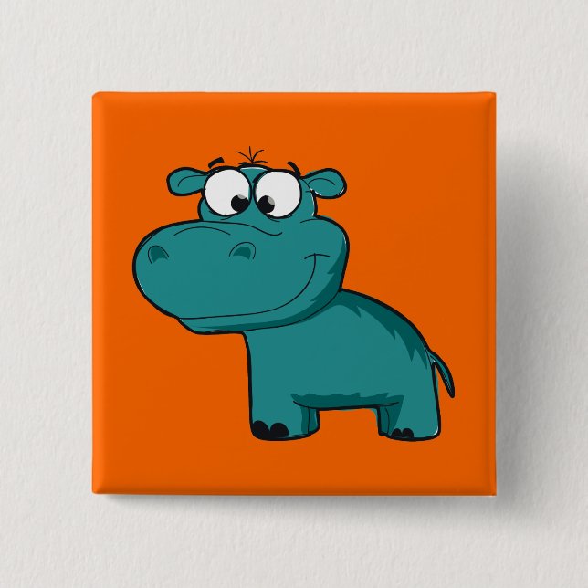 Blue Happy Hippo 2 Inch Square Button (Front)