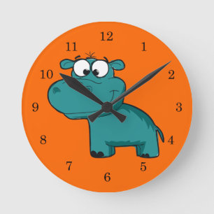 Blue Happy Hippo Round Clock