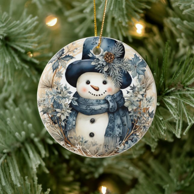 Blue Hat Snowman Christmas Ceramic Ornament (Tree)