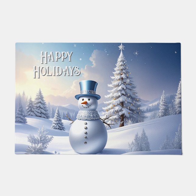 Blue Hat Snowman Christmas Tree Holiday Doormat (Front)