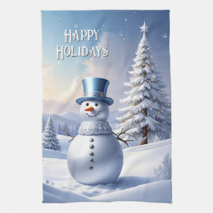 Blue Hat Snowman Christmas Tree Holiday Kitchen Towel