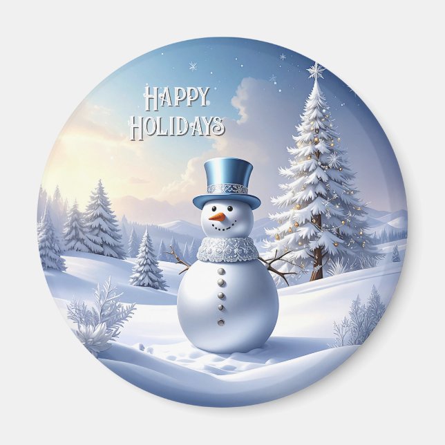 Blue Hat Snowman Christmas Tree Holiday Magnet (Front)