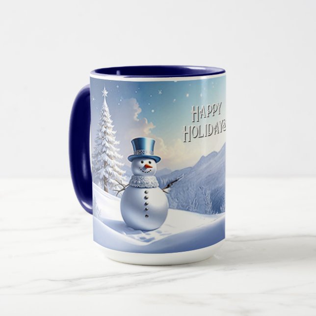 Blue Hat Snowman Christmas Tree Holiday Mug (Devant gauche)